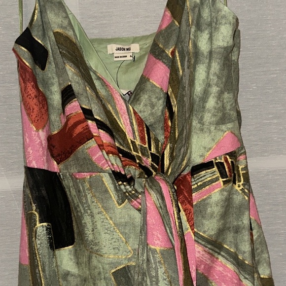 NWT Jason Wu Tropical Gold Accent Faux Wrap Tie Linen Blend Dress sz 6 - Picture 3 of 6